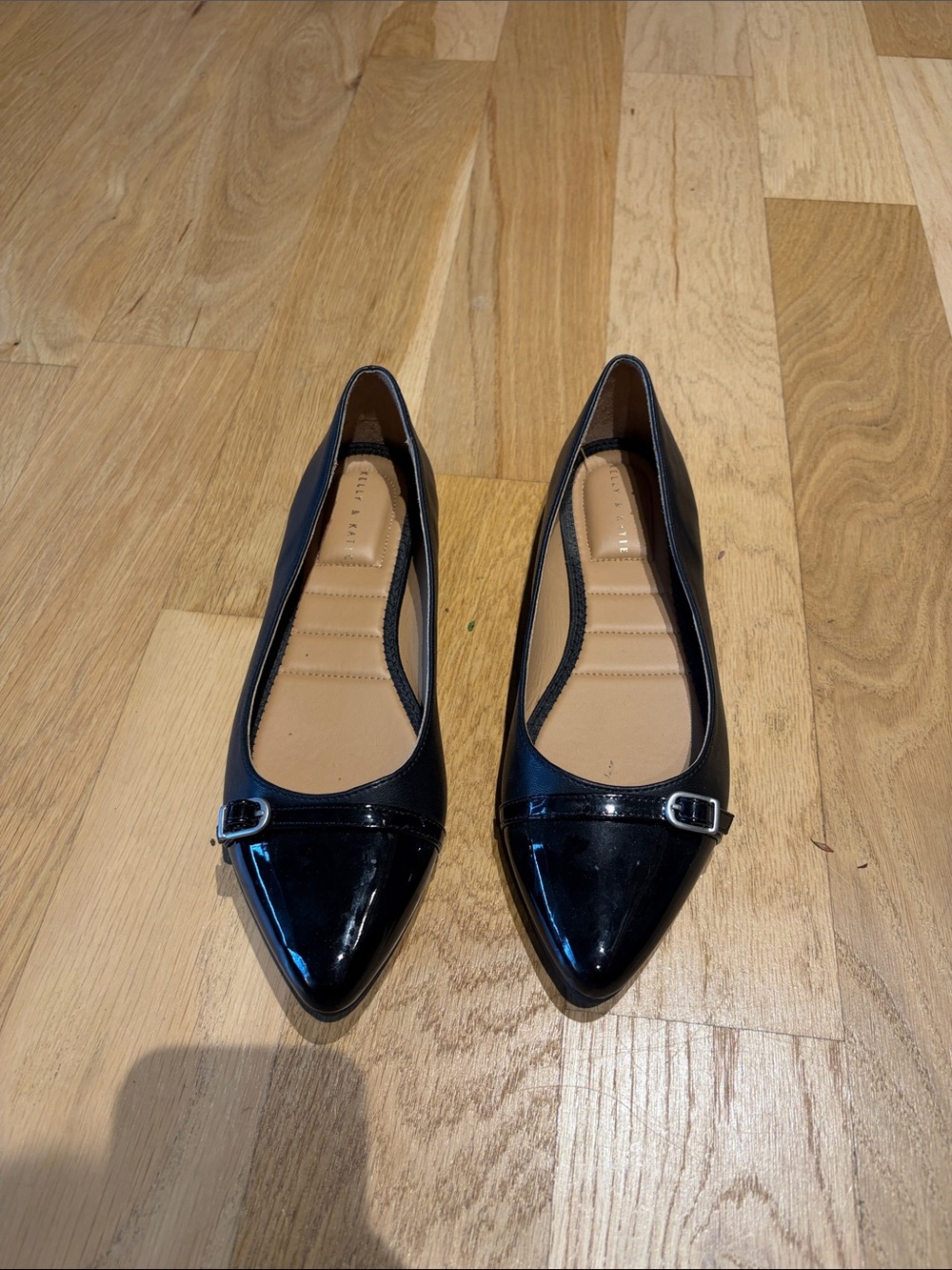 Kelly & Katie Black Patent Pointed Flats with Buckle